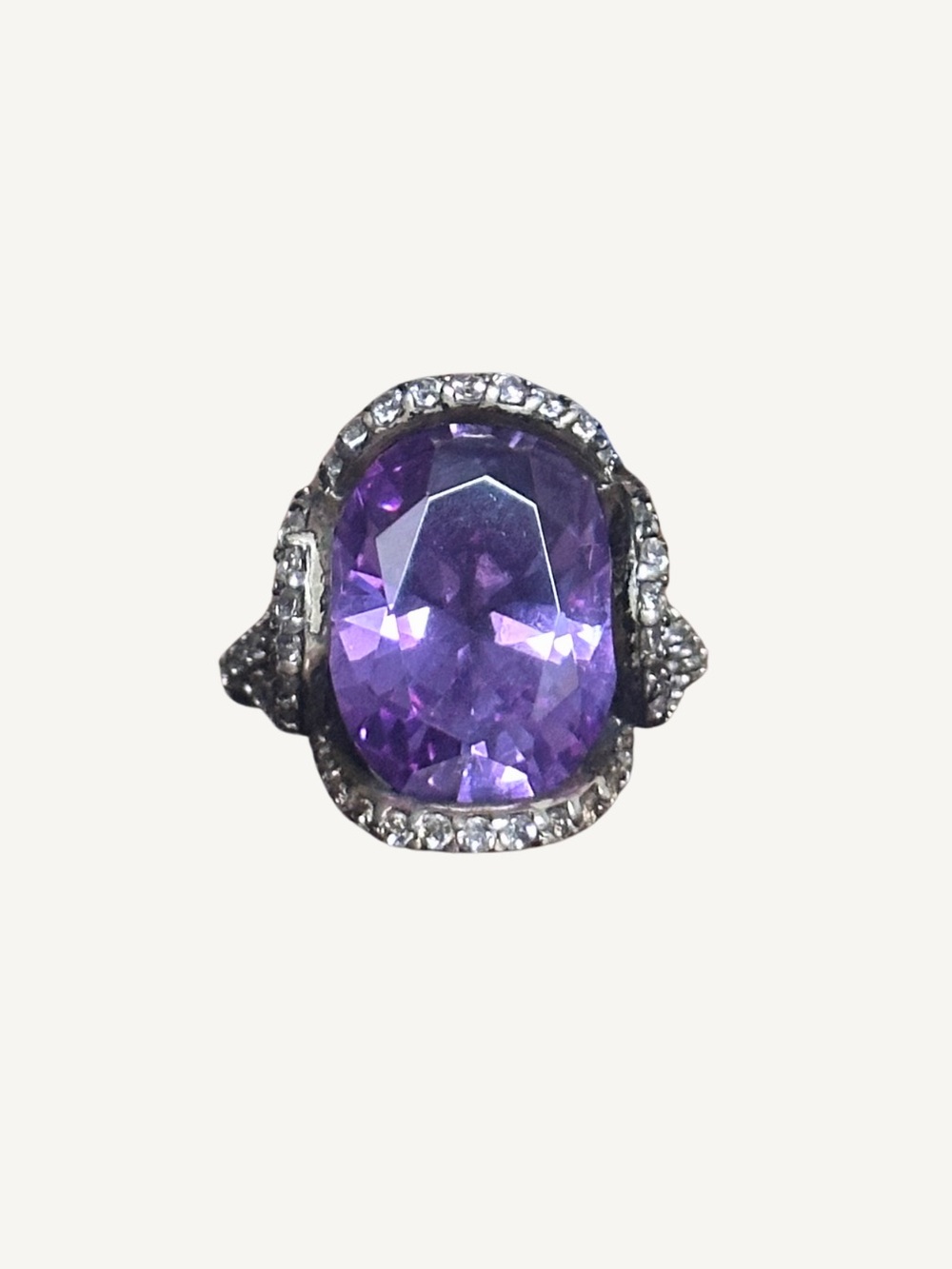 Vintage Sterling Silver Purple & Clear CZ Halo Cocktail Ring Size 6